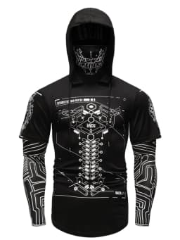 Men's Cyberpunk Hooded Short Sleeve Sweatshirts Streetwear Fashion Tech Print Tops Slim Fit Casual Hoodies Men Clothing