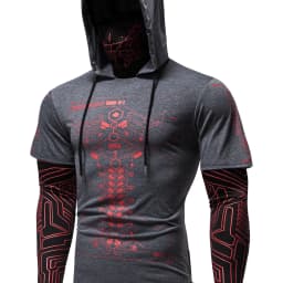 Men's Cyberpunk Hooded Short Sleeve Sweatshirts Streetwear Fashion Tech Print Tops Slim Fit Casual Hoodies Men Clothing