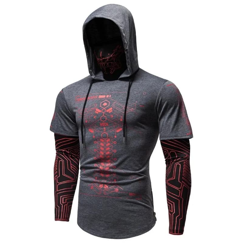 Men's Cyberpunk Hooded Short Sleeve Sweatshirts Streetwear Fashion Tech Print Tops Slim Fit Casual Hoodies Men Clothing