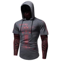 Men's Cyberpunk Hooded Short Sleeve Sweatshirts Streetwear Fashion Tech Print Tops Slim Fit Casual Hoodies Men Clothing