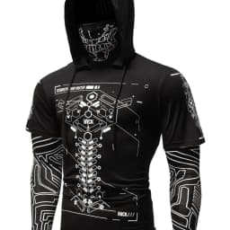 Men's Cyberpunk Hooded Short Sleeve Sweatshirts Streetwear Fashion Tech Print Tops Slim Fit Casual Hoodies Men Clothing