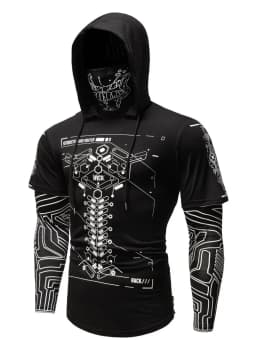 Men's Cyberpunk Hooded Short Sleeve Sweatshirts Streetwear Fashion Tech Print Tops Slim Fit Casual Hoodies Men Clothing