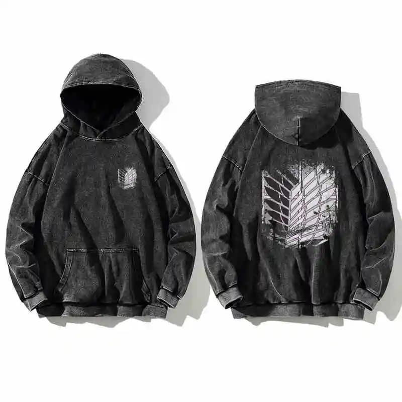 Unisex Vintage Washed Retro Attack On Titan Cotton Hoodie High Street Sweatshirt Women Men Streetwear Black Hooded Pullover