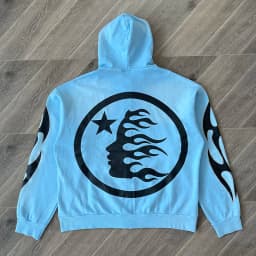 Blue Vintage Washed Hoodie Big Logo Washed Water Zipper Sweater for Men and Women