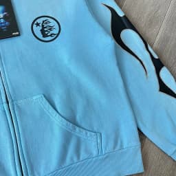 Blue Vintage Washed Hoodie Big Logo Washed Water Zipper Sweater for Men and Women