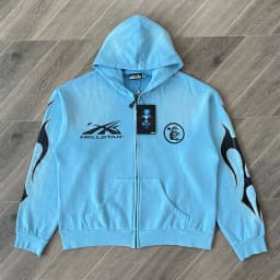 Blue Vintage Washed Hoodie Big Logo Washed Water Zipper Sweater for Men and Women