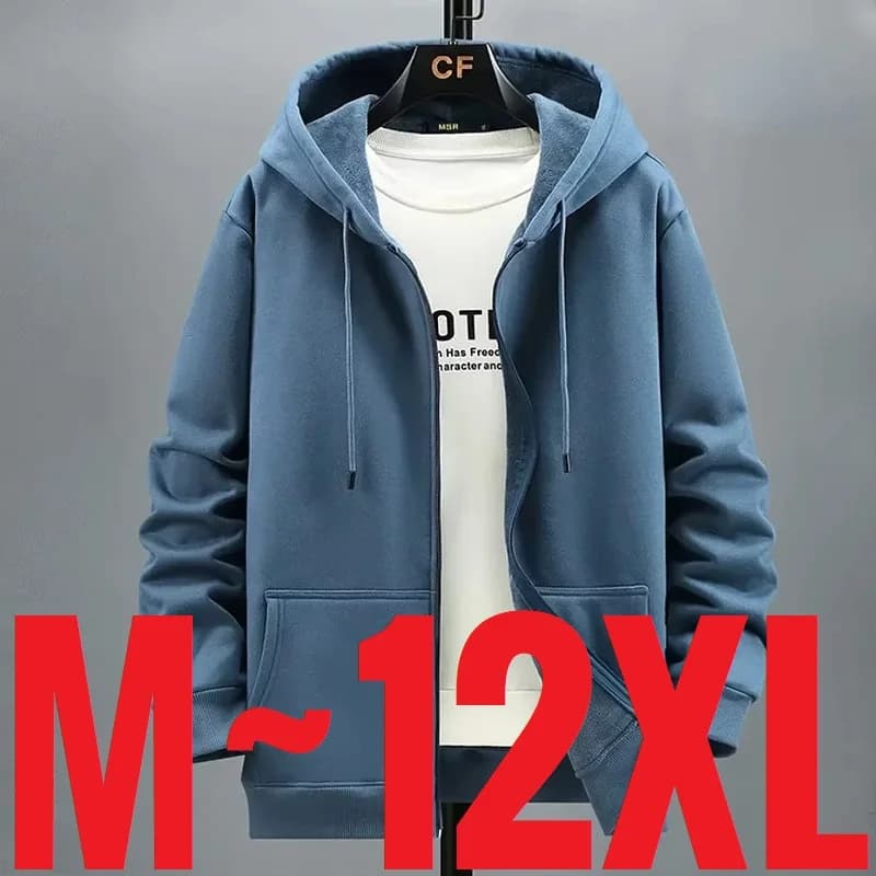 Big Size Hoodie Men Hood Long Sleeve Sweatshirt Male Zip-up Loose Cotton Fleece-lined Casual Top Zipper Large Fat Plus 10XL 12XL