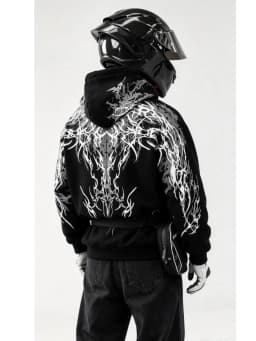 Mens Hoodie Hot Stamping Process Dark Reflective Embroidery Streetwear Harajuku Unisex Red Loose Fit Motorcycle Riding Casual