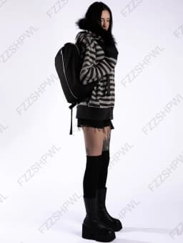 Gothic punk grunge fur collar hoodie unisex striped diamond design zipper sweatshirt 2000s Harajuku aesthetic hip hop streetwear