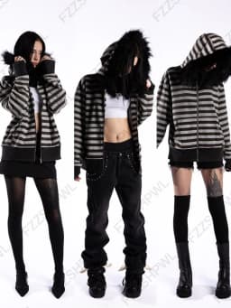 Gothic punk grunge fur collar hoodie unisex striped diamond design zipper sweatshirt 2000s Harajuku aesthetic hip hop streetwear