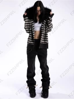 Gothic punk grunge fur collar hoodie unisex striped diamond design zipper sweatshirt 2000s Harajuku aesthetic hip hop streetwear