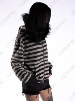 Gothic punk grunge fur collar hoodie unisex striped diamond design zipper sweatshirt 2000s Harajuku aesthetic hip hop streetwear