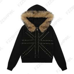 Gothic punk grunge fur collar hoodie unisex striped diamond design zipper sweatshirt 2000s Harajuku aesthetic hip hop streetwear