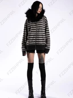 Gothic punk grunge fur collar hoodie unisex striped diamond design zipper sweatshirt 2000s Harajuku aesthetic hip hop streetwear