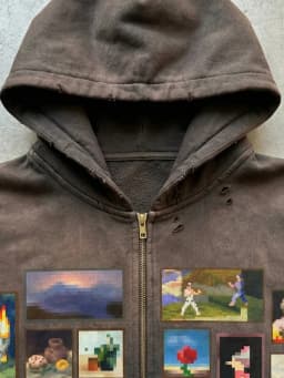 Y2K Retro Gallery Hoodie Brown Pixel Painting Art Pattern Zip Up Sweatshirt Trendy Classic Streetwear Unisex Oversize Clothing