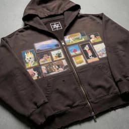 Y2K Retro Gallery Hoodie Brown Pixel Painting Art Pattern Zip Up Sweatshirt Trendy Classic Streetwear Unisex Oversize Clothing
