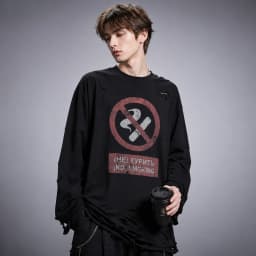 Y2K Cigarette Pattern Print Streetwear Harajuku Hip Hop Ripped Long Sleeve Top Gothic Fashion Crew Neck Sweatshirt Men Women