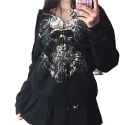 Mens Black Zip Hoodie Skull Print Dark Style Cotton Streetwear Jacket Casual Long Sleeve Pullover Hooded Sweatshirt Graphic