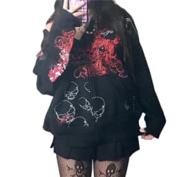 Mens Black Zip Hoodie Skull Print Dark Style Cotton Streetwear Jacket Casual Long Sleeve Pullover Hooded Sweatshirt Graphic
