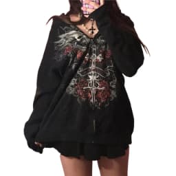 Mens Black Zip Hoodie Skull Print Dark Style Cotton Streetwear Jacket Casual Long Sleeve Pullover Hooded Sweatshirt Graphic