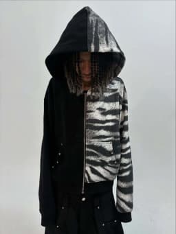 European and American Hip Hop Personalized Yin Yang Coat Zebra Pattern Splicing Rivet Black Loose Men's Women's Zipper Hoodie
