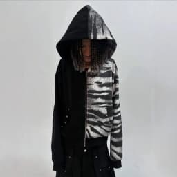 European and American Hip Hop Personalized Yin Yang Coat Zebra Pattern Splicing Rivet Black Loose Men's Women's Zipper Hoodie