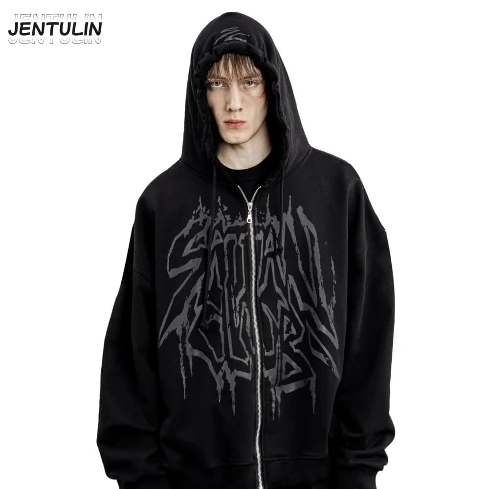 Y2K Retro Hoodie Men's Satan Club Print STNCLB Zip Pullover Sweatshirts High Street Hip Hop Streetwear Oversized Clothing Jacket