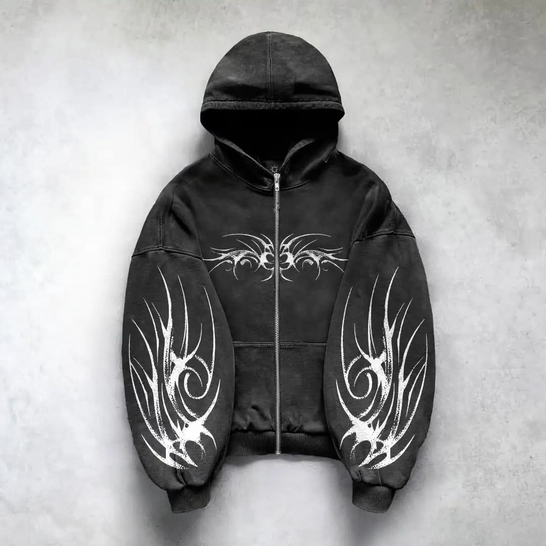 Hip Hop Mens Zipper Hoodie Black Grey 3D Dark Print Pattern Y2k Gothic Harajuku Autumn Loose Fashion Personality Street Hoodie