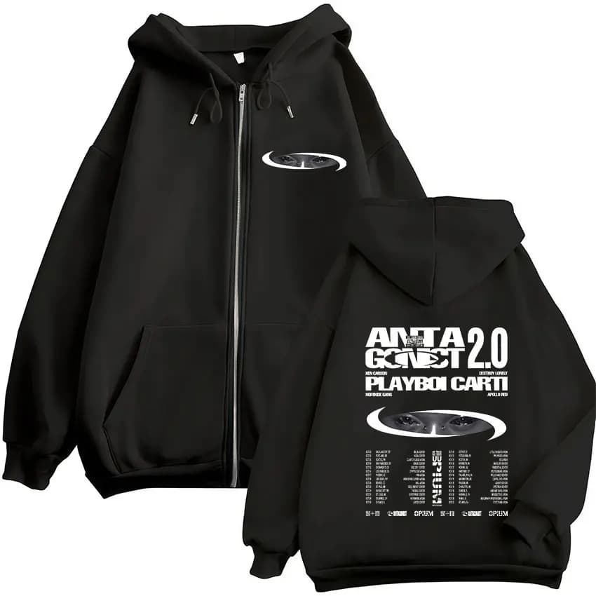 Rapper Playboi Carti Antagonist 2.0 Tour 2025 Fans Zip Up Hoody Men Women Hip Hop Retro Long Sleeve Sweatshirt Coats Streetwear