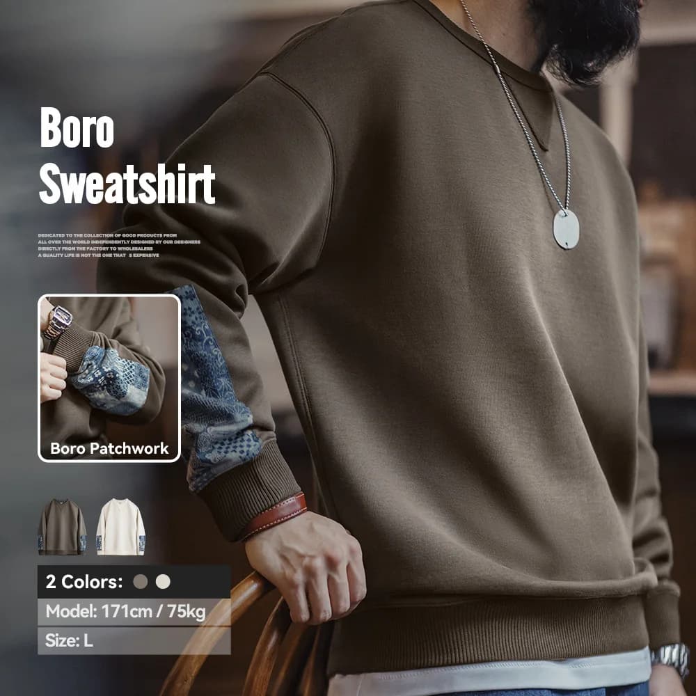 Maden Vintage Boro Patchwork Sweatshirt Casual Round-Neck Tops Men's Classic Pullover for Spring and Autumn Fashion Streetwear