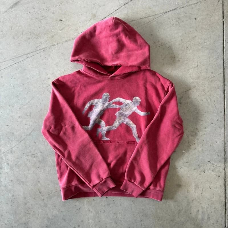 Y2K Vintage Running Figure Hoodie Print Graphic Pullover Sweatshirt Men American Retro Casual Streetwear Unisex Oversize Clothes