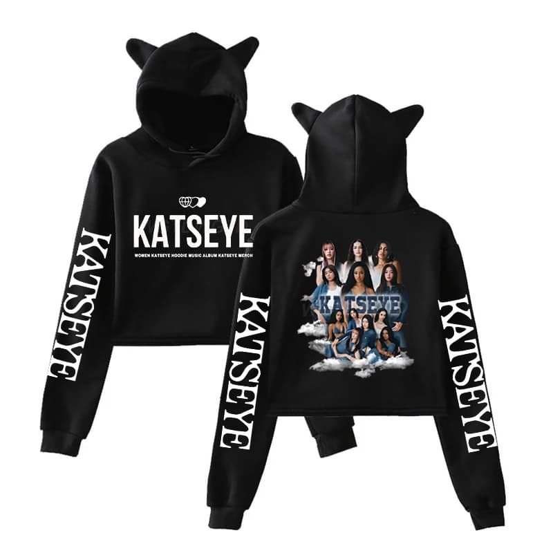 Girl Group KATSEYE Graphic Hoodie Women Casual Vintage Sweatshirt Cute Cat Ear Crop Tops Hot Katseye Streetwear Cropped Tops