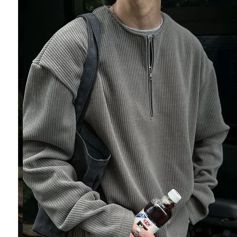 Afashion Men's Zipper Hoodie Sweatshirt Henry Collar Polka Dot Texture Fabric Spring Autumn Casual Style Outerwear Trendy Po