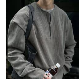 Afashion Men's Zipper Hoodie Sweatshirt Henry Collar Polka Dot Texture Fabric Spring Autumn Casual Style Outerwear Trendy Po