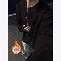 Afashion Men's Zipper Hoodie Sweatshirt Henry Collar Polka Dot Texture Fabric Spring Autumn Casual Style Outerwear Trendy Po