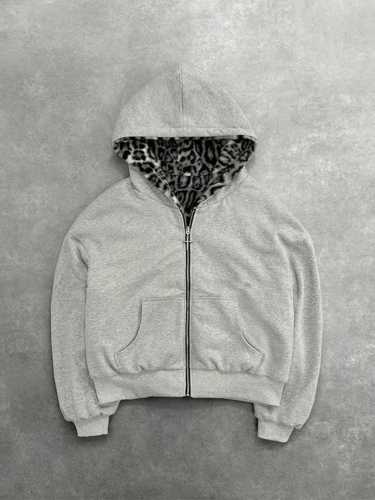 Unisex Sweatshirts Casual Vintage Zip Up Leopard Print Loose Hooded Cardigan Coats Outwear YKD-W8037