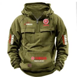 2026 New YAMAHA Logo Men Retro Velvet Half Zip Hoodie Multi Pocket Motorcycle Racing Sweatshirt Autumn Winter Casual Outerwear