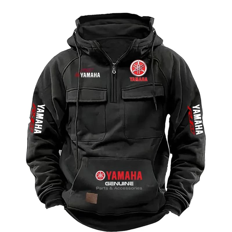 2026 New YAMAHA Logo Men Retro Velvet Half Zip Hoodie Multi Pocket Motorcycle Racing Sweatshirt Autumn Winter Casual Outerwear