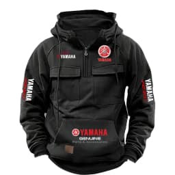 2026 New YAMAHA Logo Men Retro Velvet Half Zip Hoodie Multi Pocket Motorcycle Racing Sweatshirt Autumn Winter Casual Outerwear
