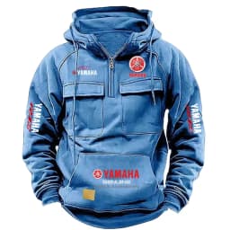 2026 New YAMAHA Logo Men Retro Velvet Half Zip Hoodie Multi Pocket Motorcycle Racing Sweatshirt Autumn Winter Casual Outerwear