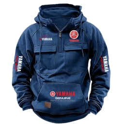 2026 New YAMAHA Logo Men Retro Velvet Half Zip Hoodie Multi Pocket Motorcycle Racing Sweatshirt Autumn Winter Casual Outerwear