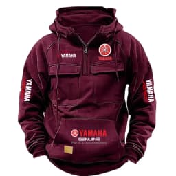 2026 New YAMAHA Logo Men Retro Velvet Half Zip Hoodie Multi Pocket Motorcycle Racing Sweatshirt Autumn Winter Casual Outerwear