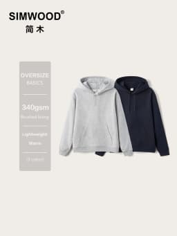 SIMWOOD 2026 Autumn Winter New Oversized Hoodie 340gsm Carbon Brushed Lining Fabric Sweatshirt Basic Embroidery Logo Pullover
