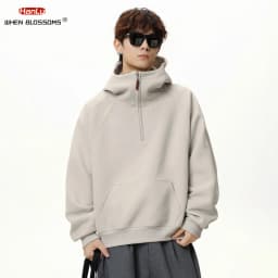 HANGLU 2025 Men Women Heavyweight Half Zip Hoodie Ribbed High Neck Minimalist Streetwear Couple Unisex Pullover Sweatshirt