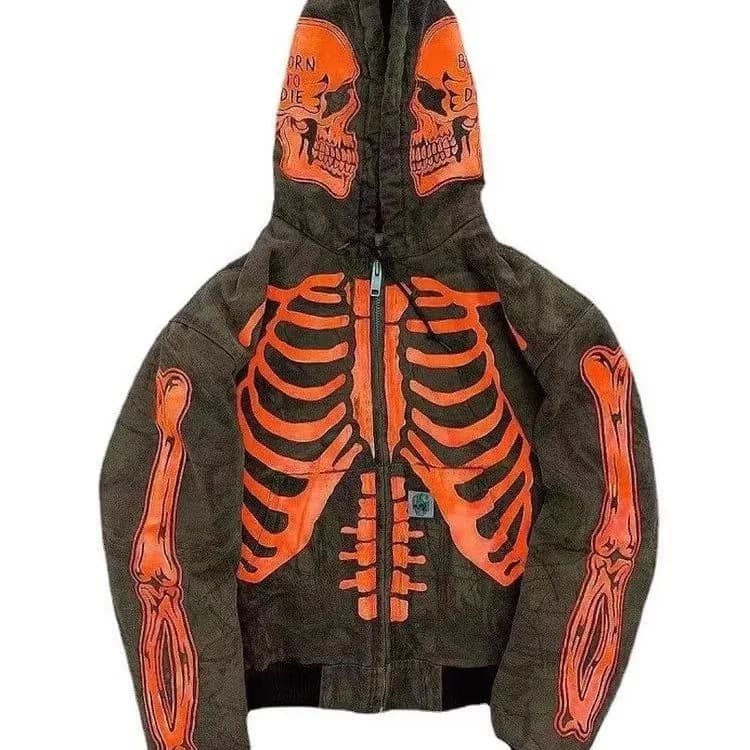 Skull Print Hooded Long Sve Sweatirt Casual Loose Fit Youthful Printed Hoodie Zipper Closure Comfortable Spring Autumn Top