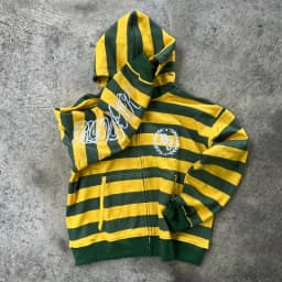 Men Casual Yellow and Green Striped Zip Up Hooded Sweatshirt American Streetwear Retro Campus Sports Style with Rivet Decoration