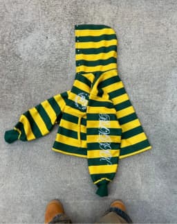 Men Casual Yellow and Green Striped Zip Up Hooded Sweatshirt American Streetwear Retro Campus Sports Style with Rivet Decoration