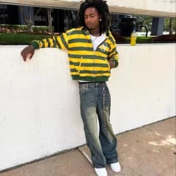 Men Casual Yellow and Green Striped Zip Up Hooded Sweatshirt American Streetwear Retro Campus Sports Style with Rivet Decoration