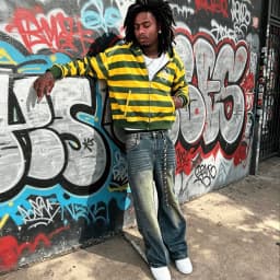 Men Casual Yellow and Green Striped Zip Up Hooded Sweatshirt American Streetwear Retro Campus Sports Style with Rivet Decoration