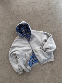 Vintage Reversible Plaid Lining Zipper Hoodie Unisex Gray Sweatshirt with Blue Tartan Inner Y2K Casual Streetwear men clothing